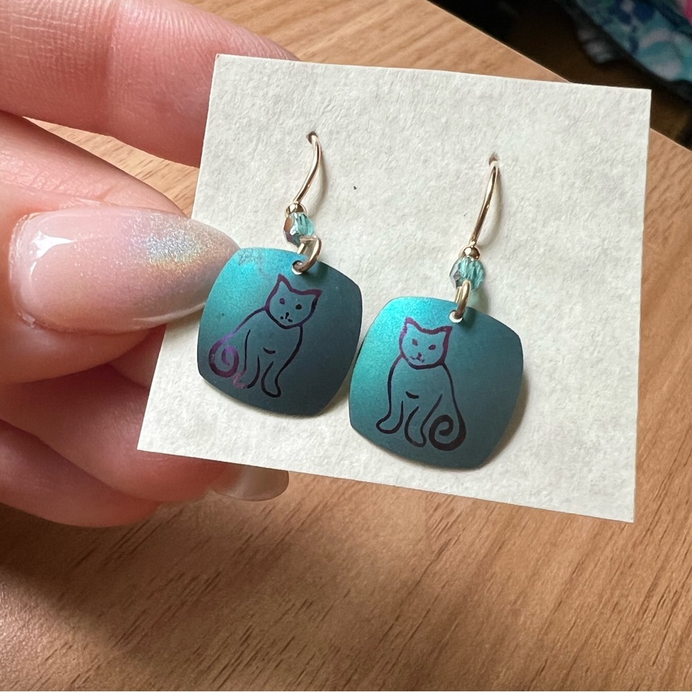 Cat Earrings - Teal, Pink & Gold